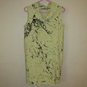 Beau Jours Light Yellow Green Black Marble Glazed Print Shift Dress sz Small